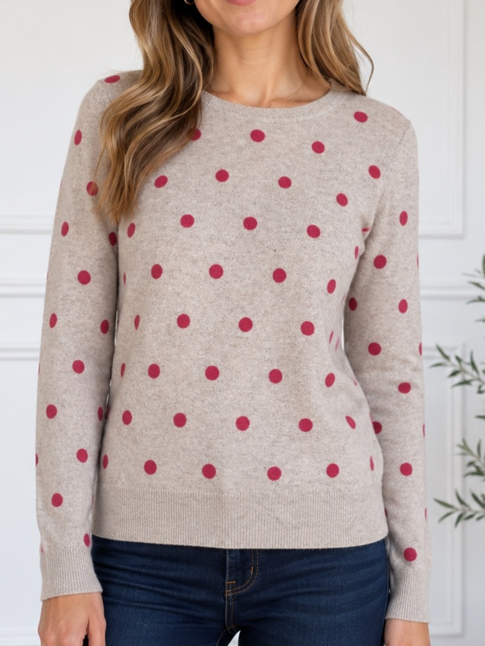Rachel Zoe 100% 2-Ply Cashmere Oatmeal Pink Polka Dot Sweater Size L